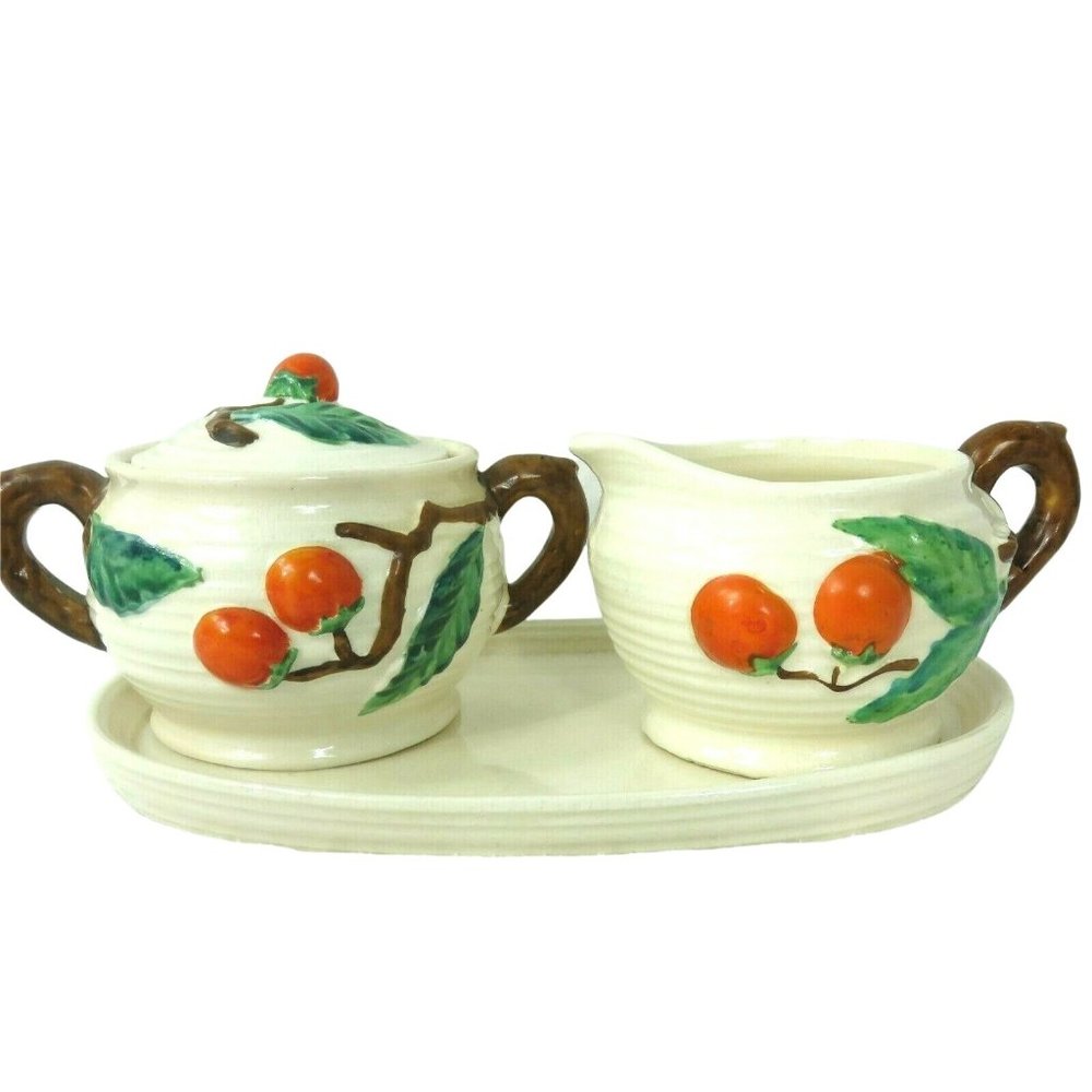 Vintage 3pc Hobbyist Sugar Creamer Tray Set Orange Green MidCentury Modern Japan